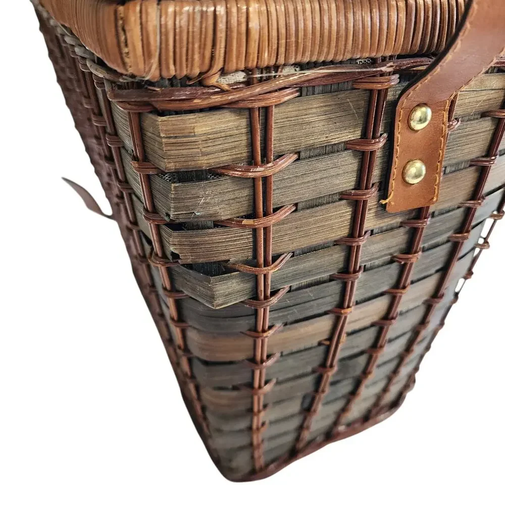 Pier 1 Vintage Wicker Rattan Picnic‎ Basket Service for Two Plaid Lined Utensils